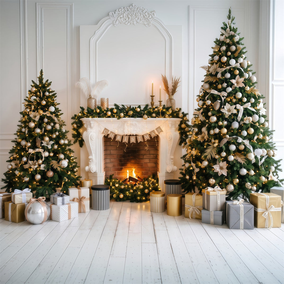 Christmas Photo Backdrop Elegant Gold Fireplace Decor Christmas Backdrop for Photoshoot UK RR610-135