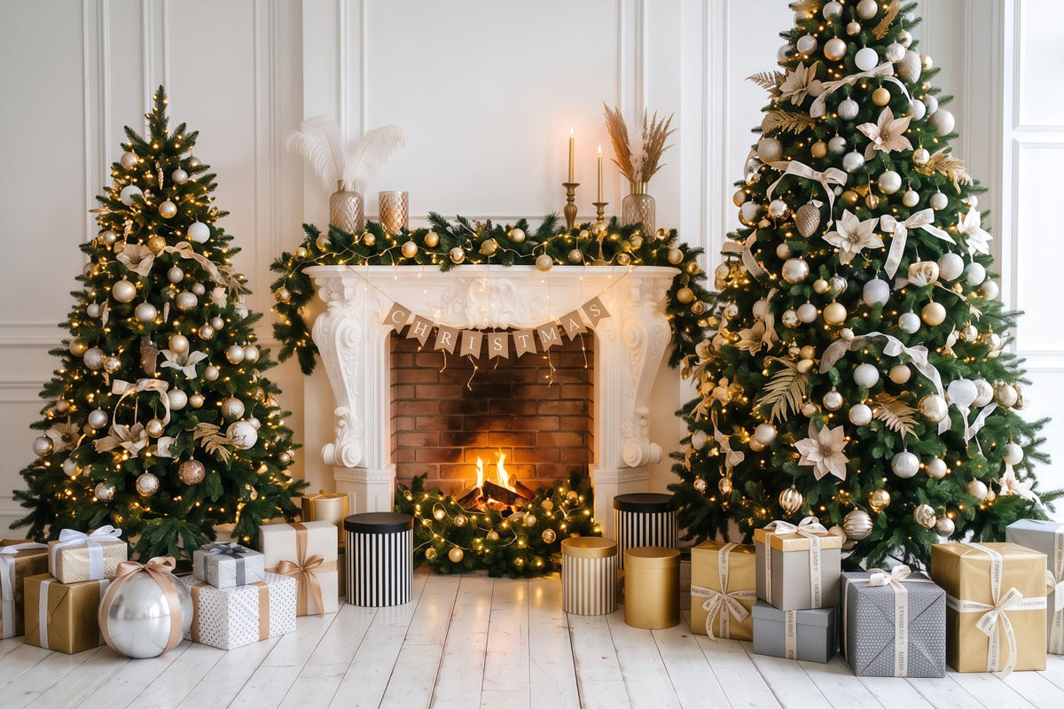 Christmas Photo Backdrop Elegant Gold Fireplace Decor Christmas Backdrop for Photoshoot UK RR610-135
