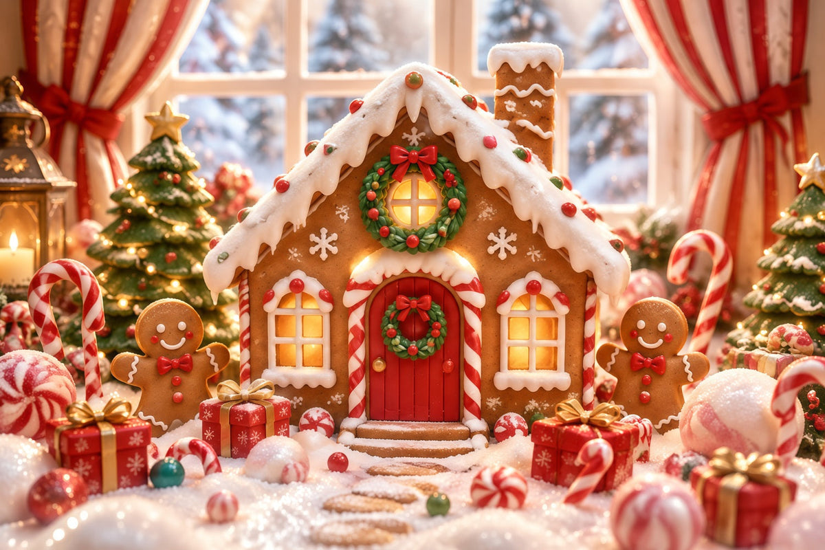 Gingerbread House Photo Backdrop Snow Candy Wonderland Christmas Photo Booth Backdrop UK RR610-142