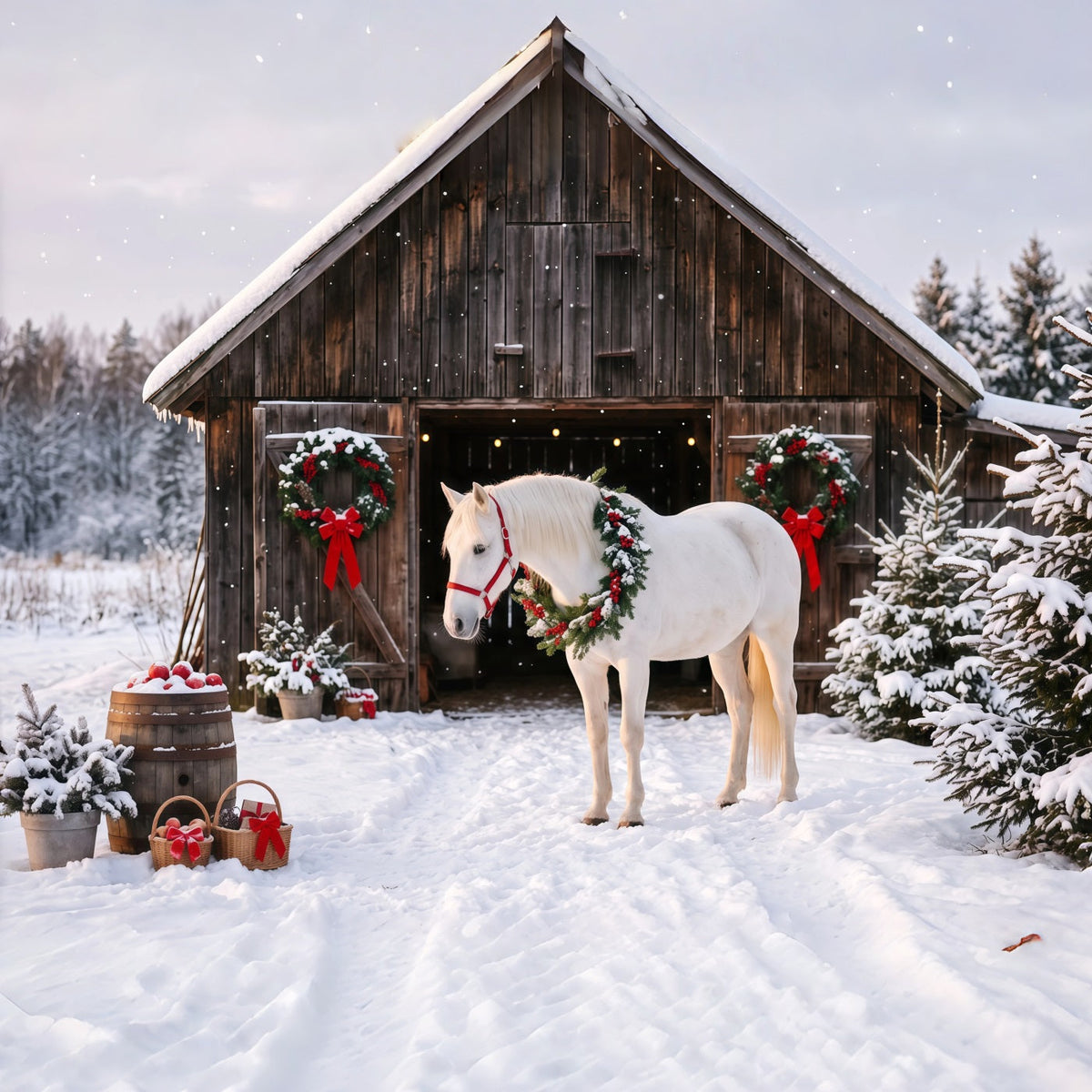 Western Christmas Backdrop White Horse Festive Barn Christmas Backdrop Photoshoot UK RR610-143