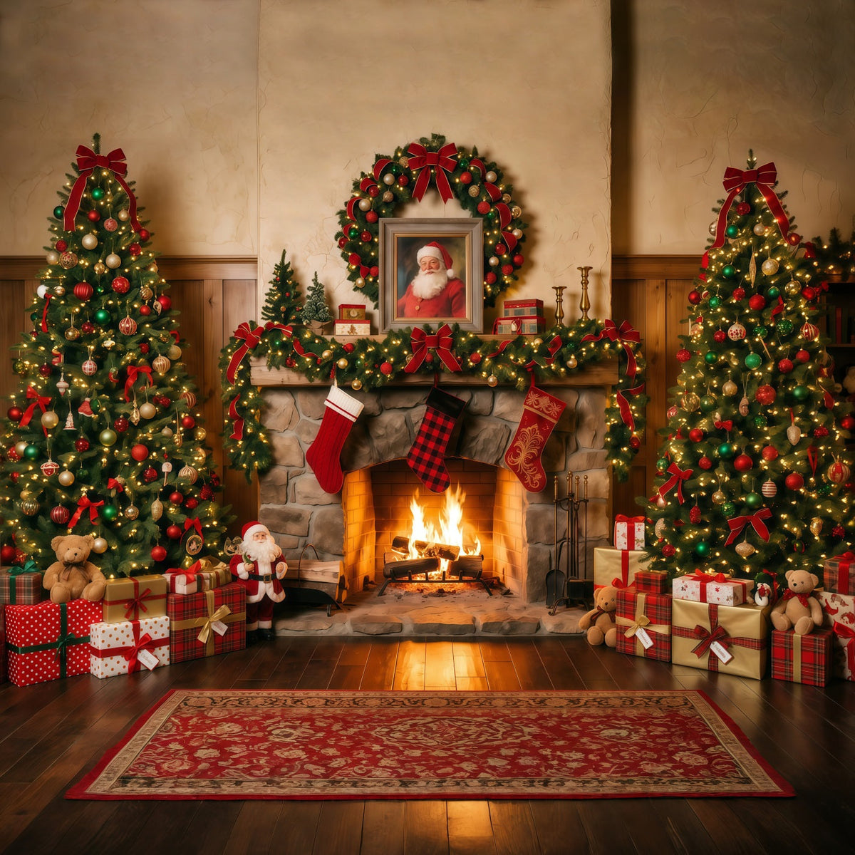 Santa Photo Backdrop Rustic Fireplace Stocking Display Christmas Village Backdrop Ideas UK RR610-144