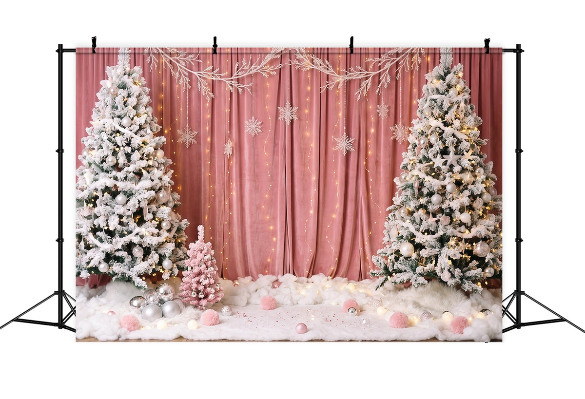 Winter Christmas Backdrop Pink Curtain Snowy Tree Christmas Theme Backdrops UK RR610-147