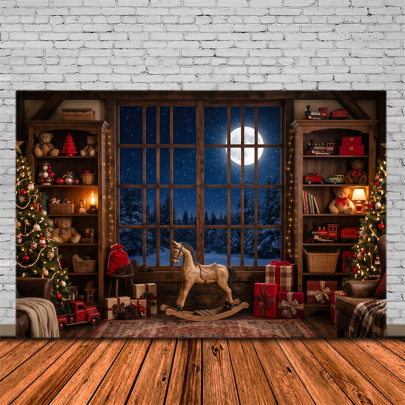 Santa Workshop Backdrop Moonlit Toyroom Window Display Xmas Backdrops Photography UK RR610-148