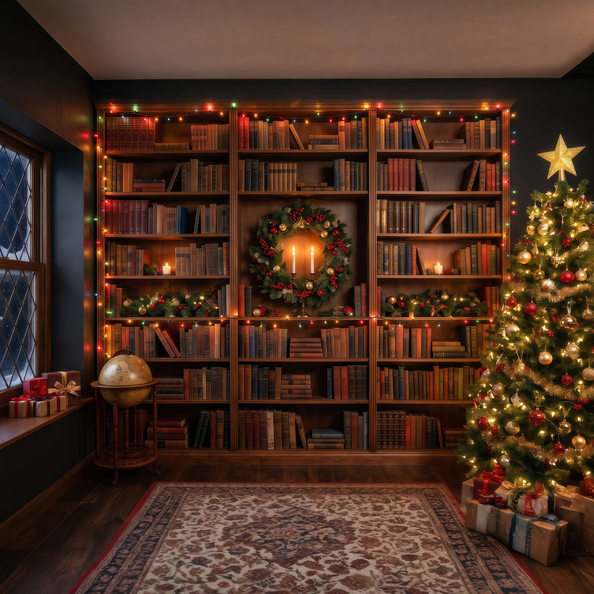 Victorian Christmas Backdrops Festive Library Bookshelf Glow Christmas Holiday Backdrops UK RR610-149