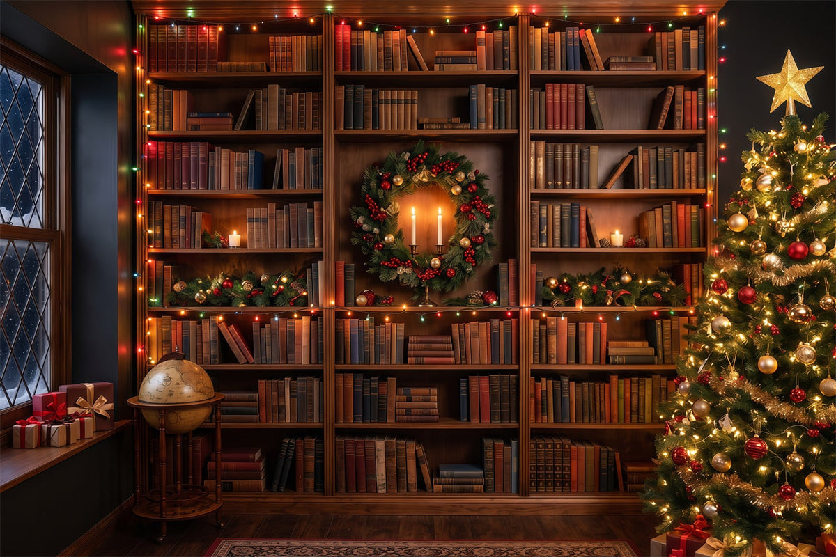Victorian Christmas Backdrops Festive Library Bookshelf Glow Christmas Holiday Backdrops UK RR610-149