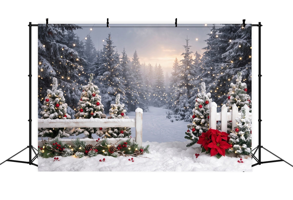 Christmas Tree Forest Backdrop Snowy Fence Poinsettia Path Xmas Backdrop for Photos UK RR610-150