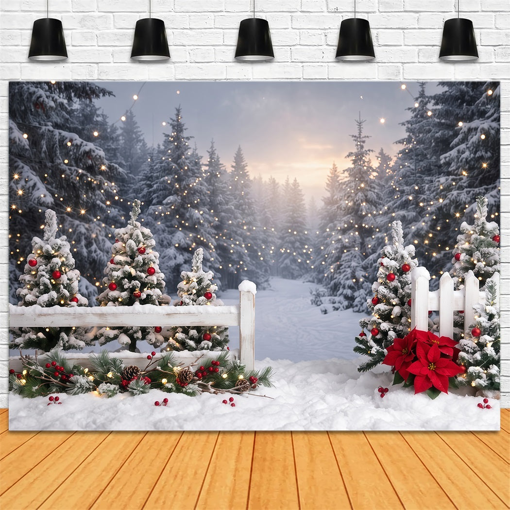 Christmas Tree Forest Backdrop Snowy Fence Poinsettia Path Xmas Backdrop for Photos UK RR610-150