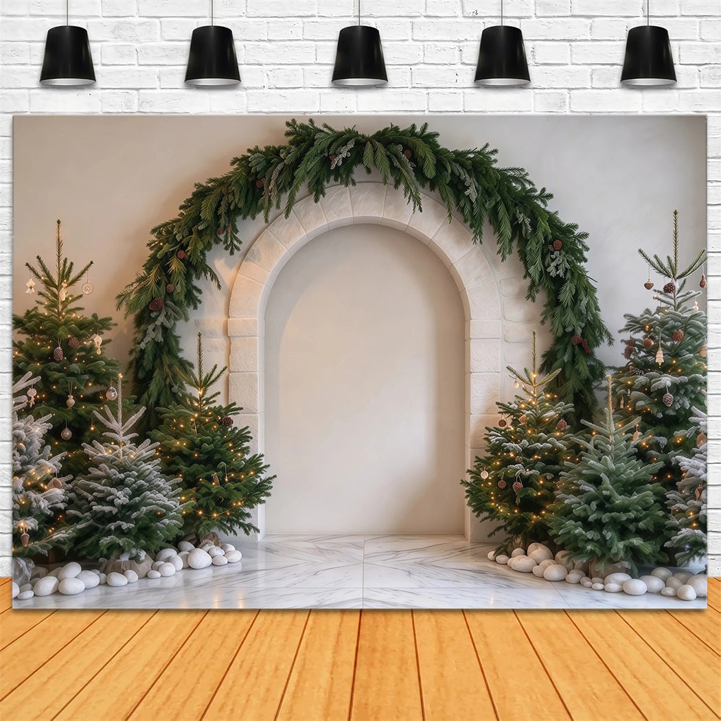 Photography Christmas Tree Backdrop Evergreen Garland Stone Arch Xmas Photo Backdrop UK RR610-151
