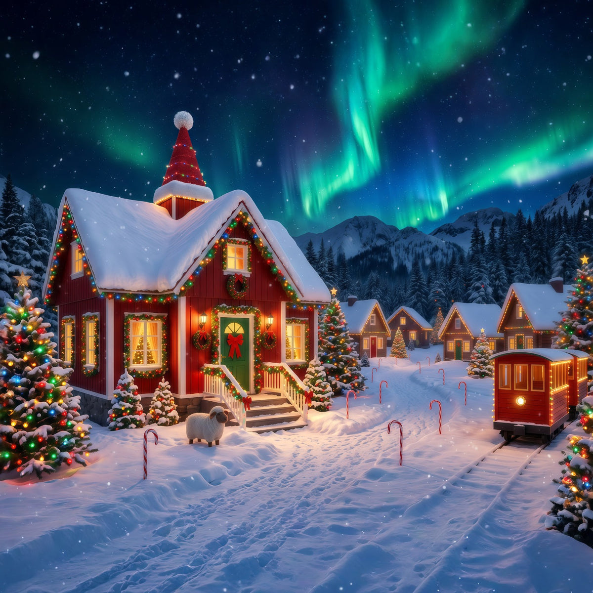 Christmas Elf Backdrop Aurora Snowy Village Lights Christmas Photos Backdrop UK RR610-153