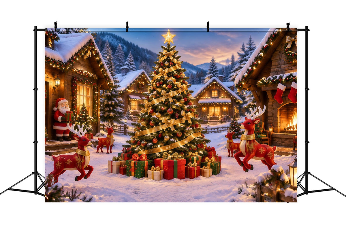 Retro Christmas Backdrop Golden Ribbon Snowy Village Reindeer Photo Backdrop UK RR610-156