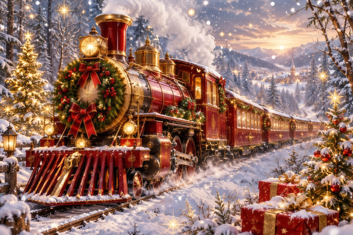 Professional Christmas Backdrop Festive Red Steam Train Christmas Village Backdrop UK RR610-158
