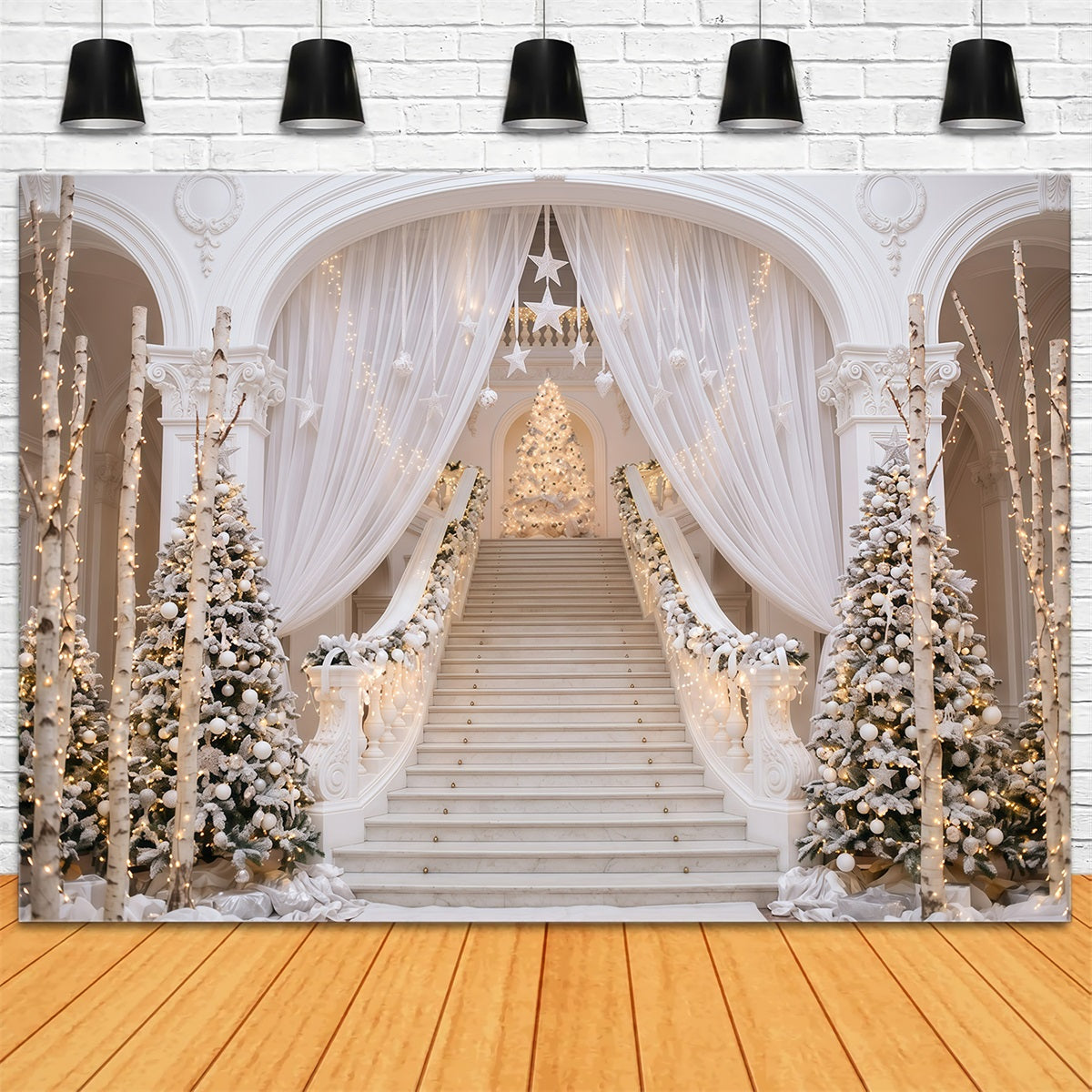 White Christmas Backdrop Elegant White Staircase Christmas Backdrops 10x10 UK RR610-16