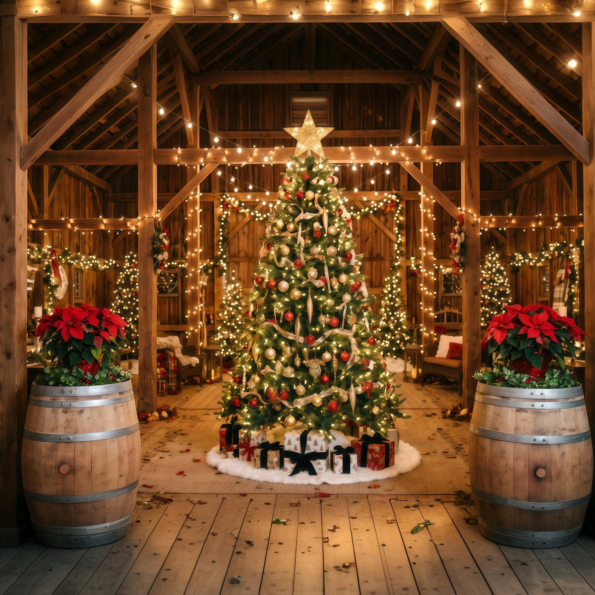 Christmas Lights Photo Backdrop Rustic Barn Tree Display Christmas Backdrop Pictures UK RR610-160
