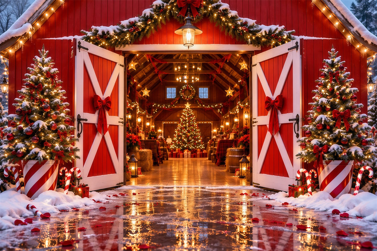 Christmas Tree Farm Backdrop Festive Red Barn Entrance Christmas Studio Backdrops UK RR610-163