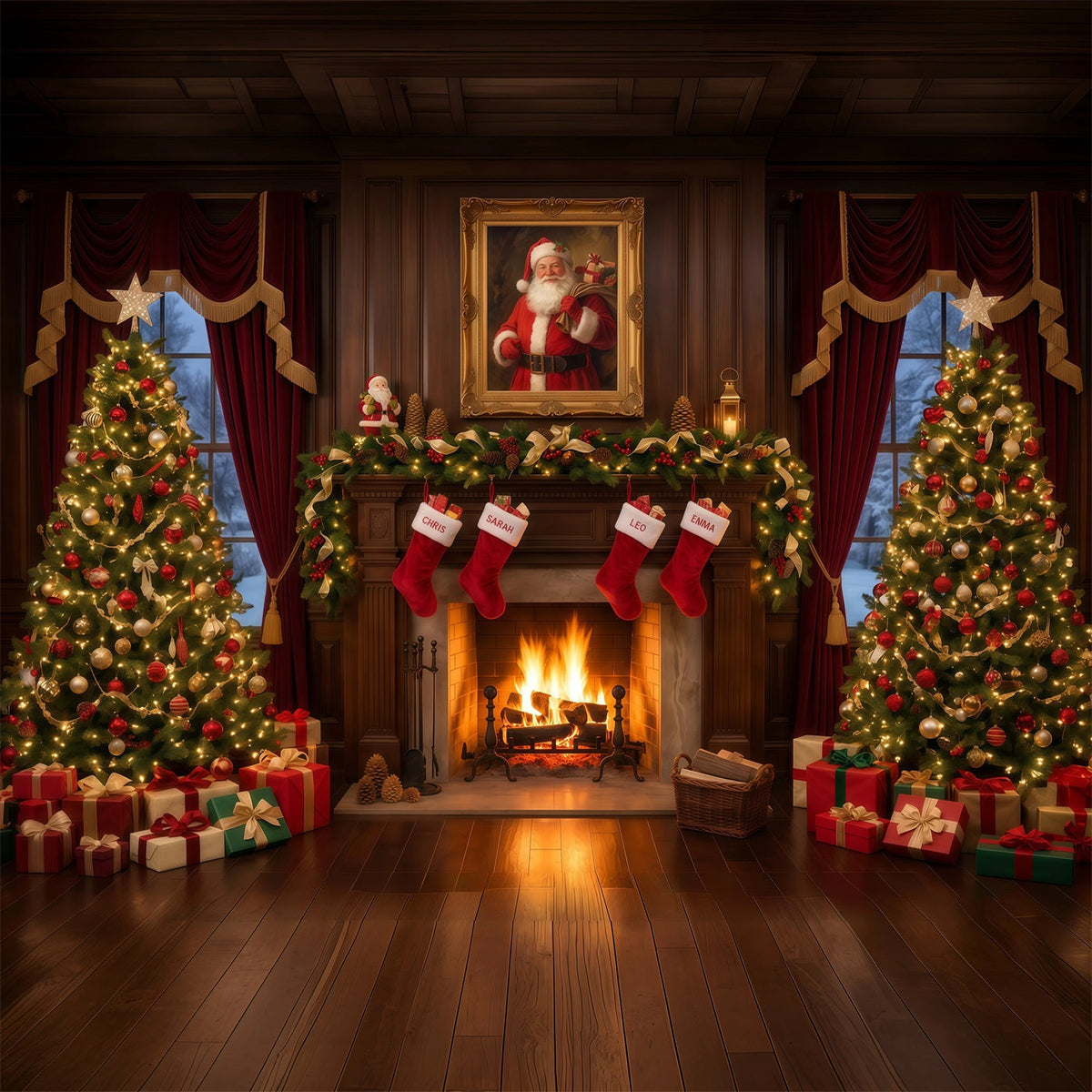 Santa Photo Backdrop Vintage Fireplace Stocking Display Christmas Backdrops for Sale UK RR610-170
