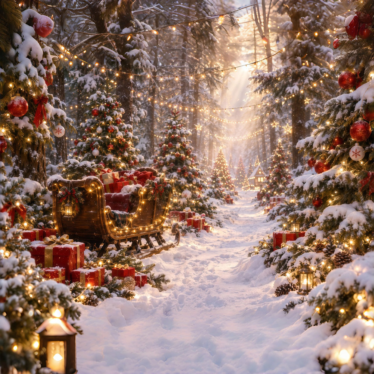 Christmas Tree Backdrops Glowing Sleigh Snowy Forest Christmas Backdrop for Stage UK RR610-172