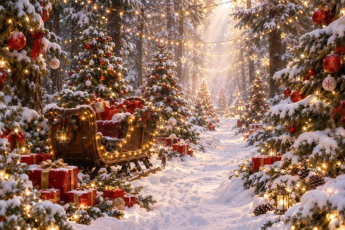 Christmas Tree Backdrops Glowing Sleigh Snowy Forest Christmas Backdrop for Stage UK RR610-172