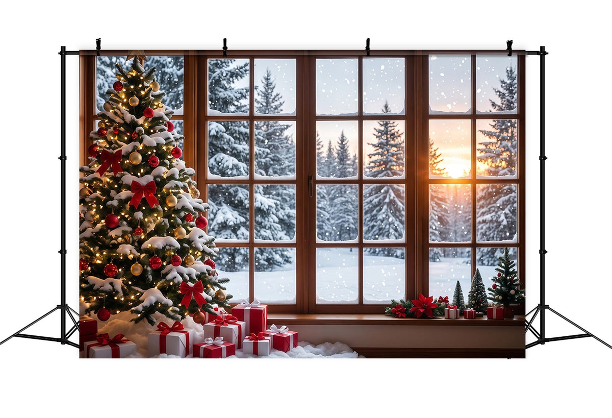 Christmas Forest Backdrop Snowy Window Tree Display Christmas Backdrop for Photo UK RR610-174