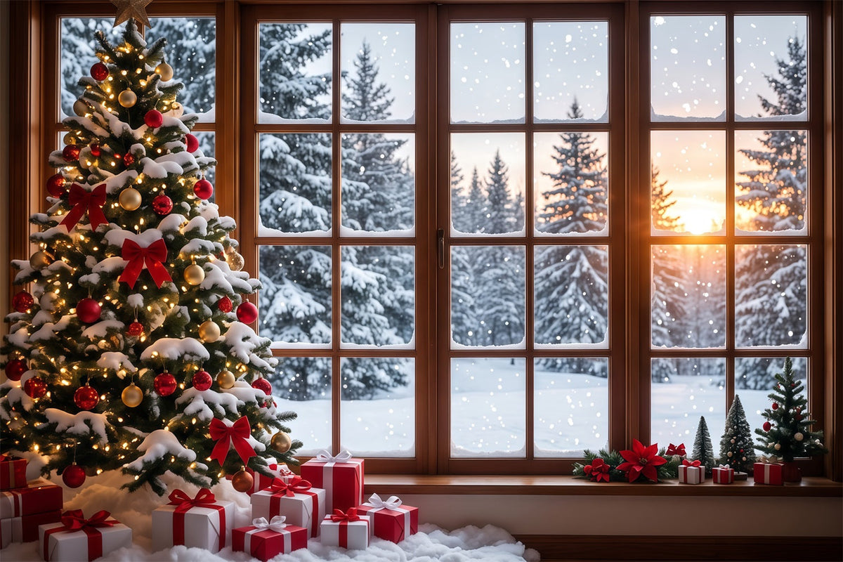 Christmas Forest Backdrop Snowy Window Tree Display Christmas Backdrop for Photo UK RR610-174