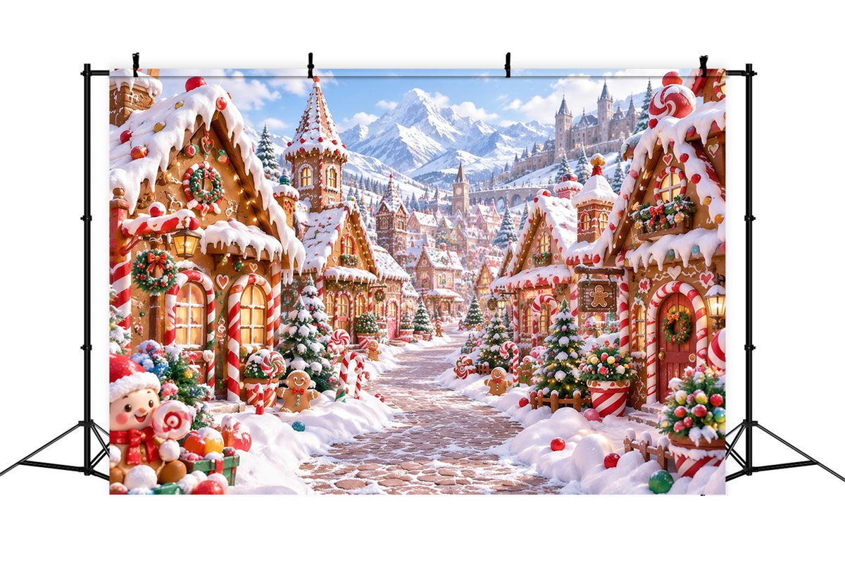 Christmas Gingerbread Backdrop Snowy Candy Mountain Village Christmas Backdrop Picture UK RR610-176
