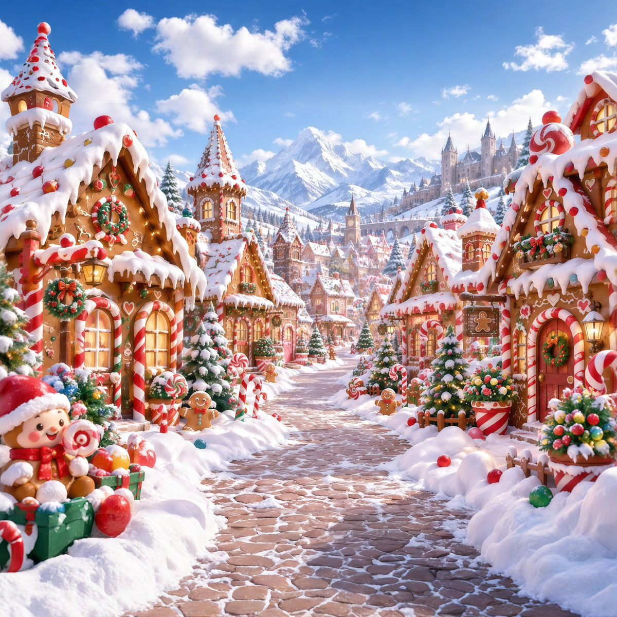 Christmas Gingerbread Backdrop Snowy Candy Mountain Village Christmas Backdrop Picture UK RR610-176