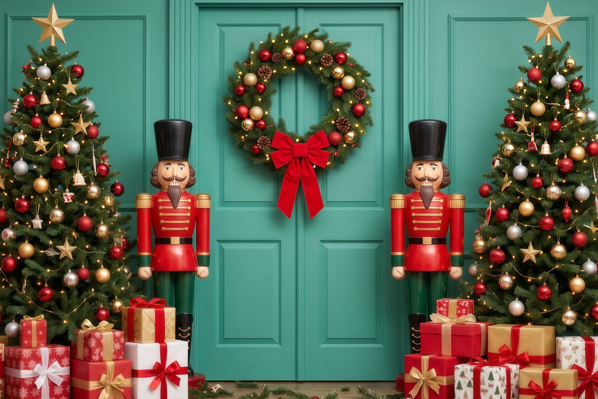 Christmas Backdrop Bow Wreath Teal Door Nutcracker Ballet Backdrop UK RR610-177