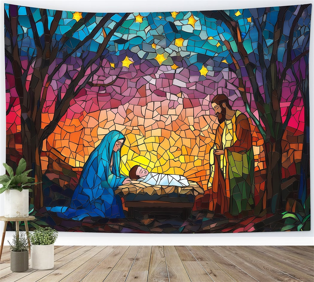 Nativity Scene Backdrop Stained Glass Starry Artwork Christmas Backdrop Sale UK RR610-178