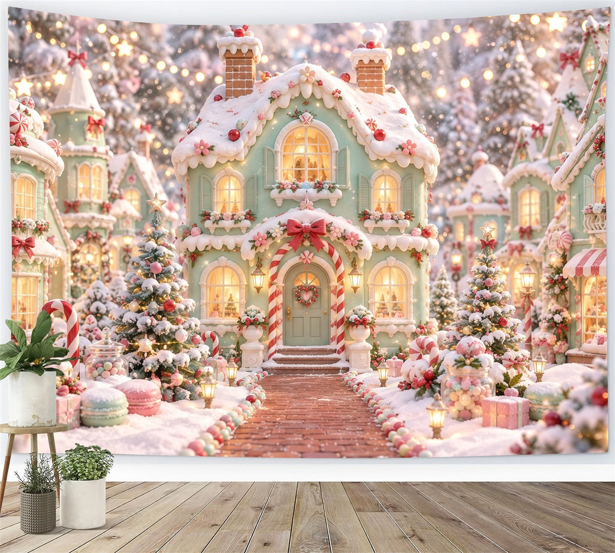 Gingerbread House Photo Backdrop Pastel Candy Snowy Village Christmas Party Backdrop Ideas UK RR610-179