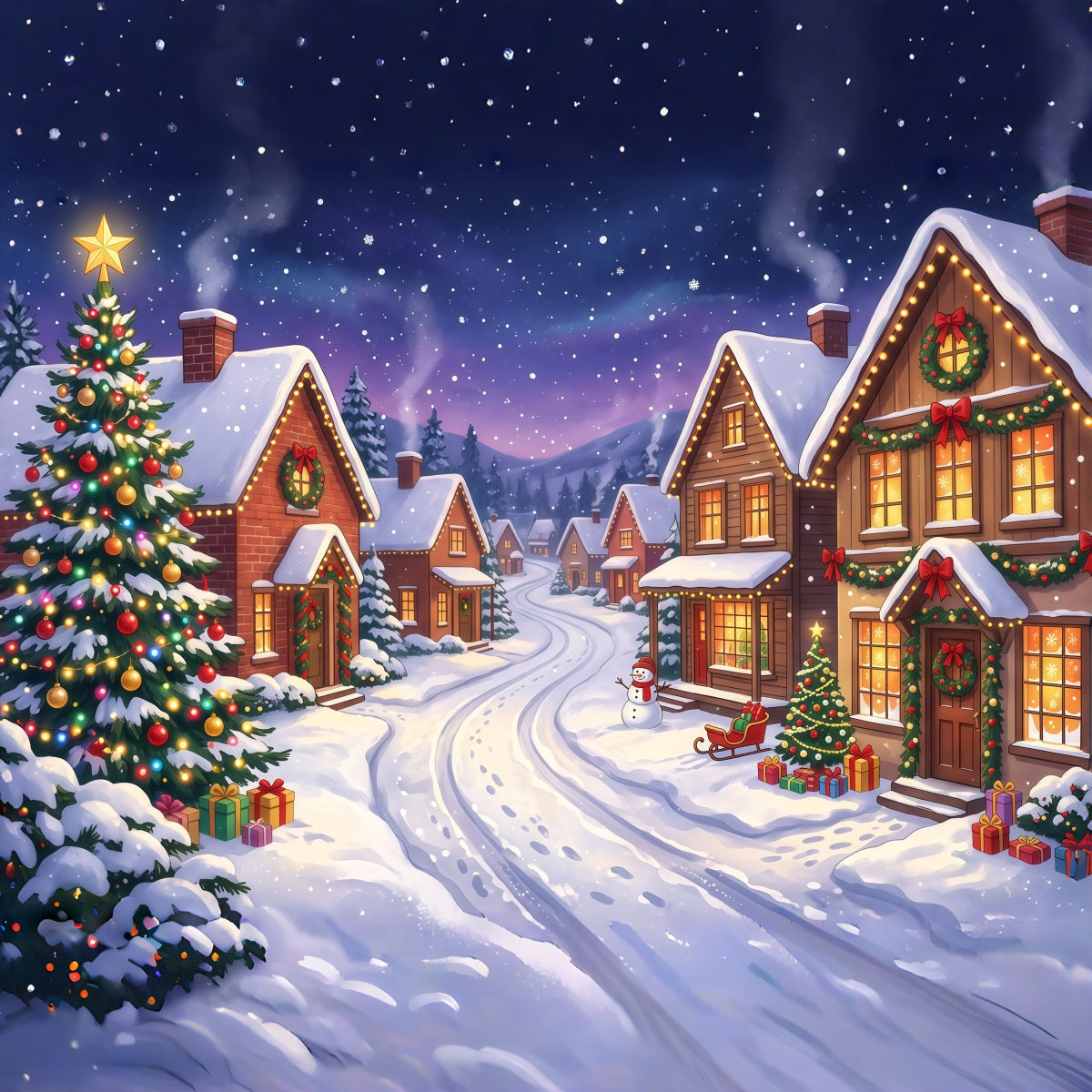 Backdrops For Christmas Village Snowy House Lighted Street 10x8 Christmas Backdrop UK RR610-24