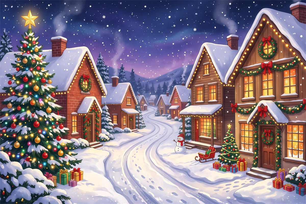 Backdrops For Christmas Village Snowy House Lighted Street 10x8 Christmas Backdrop UK RR610-24