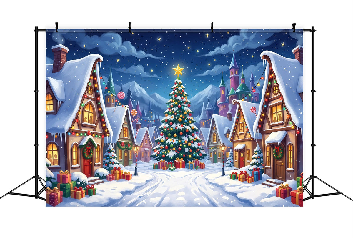 Christmas Village Photo Backdrop Snowy Candy Square Backdrops For Christmas Villages UK RR610-26