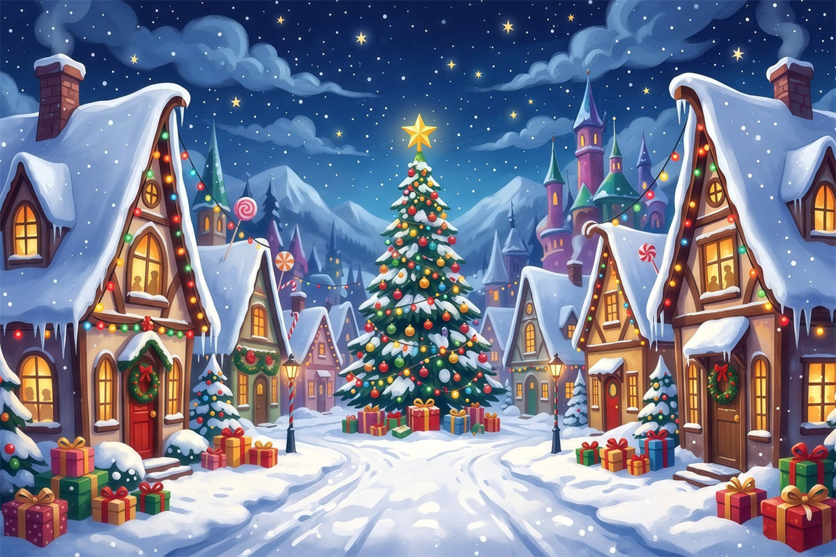 Christmas Village Photo Backdrop Snowy Candy Square Backdrops For Christmas Villages UK RR610-26