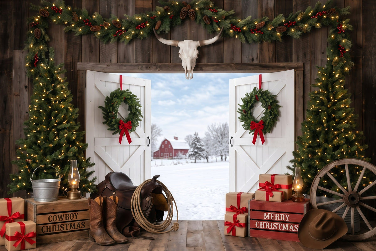 Background Christmas Backdrop Rustic Barn Entrance Cowboy Christmas Backdrop UK RR610-28