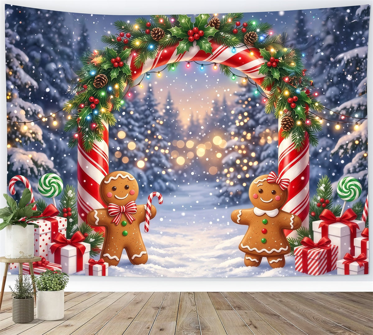 Gingerbread Backdrops Snowy Forest Night Bokeh Candy Cane Backdrop UK RR610-3