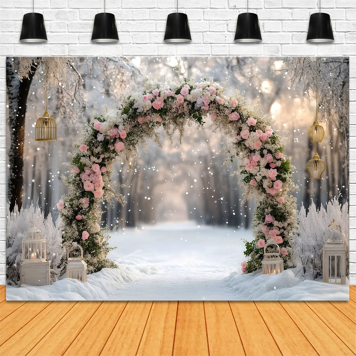 Beautiful Christmas Backdrop Pink Rose Snowy Arch 8x8 Christmas Backdrop UK RR610-30