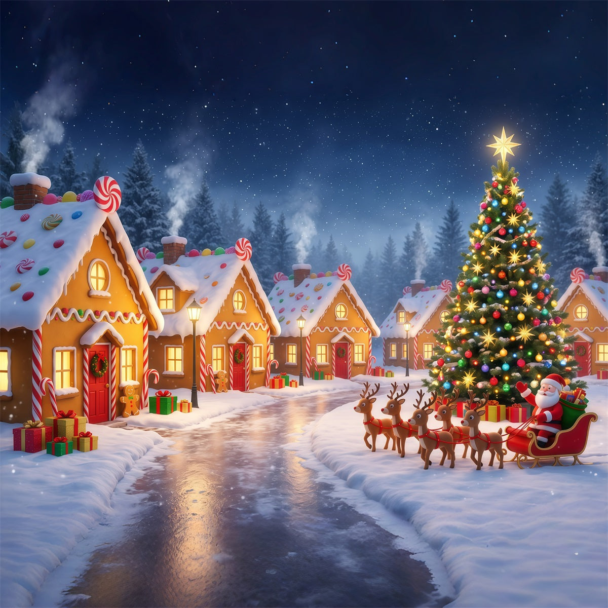 Santa's Village Backdrop Gingerbread Village Sleigh Ride Santa Pictures Backdrop UK RR610-31