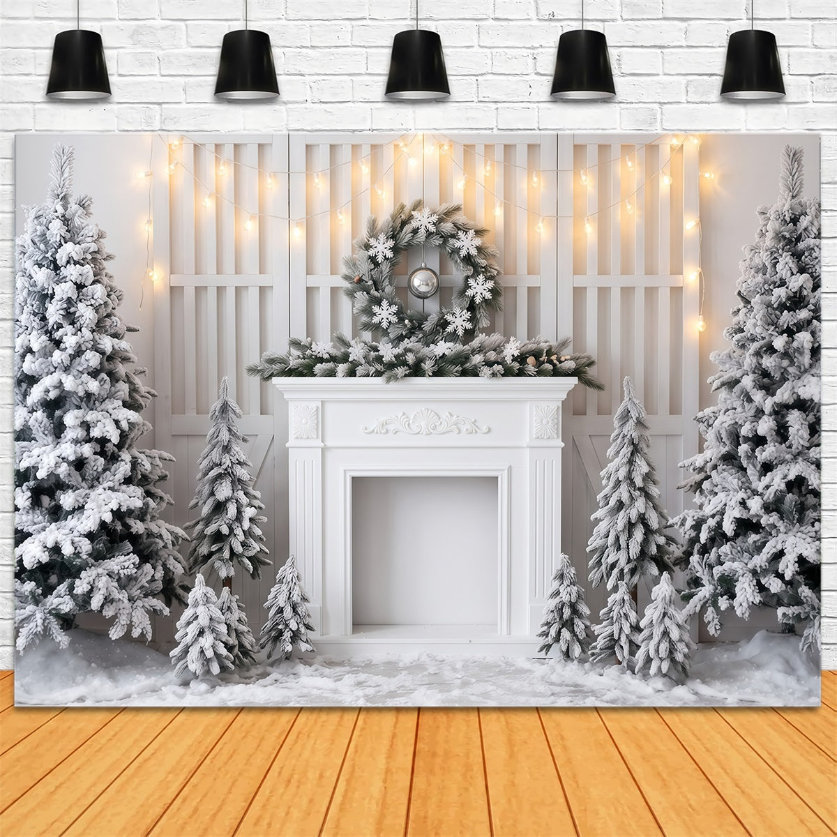 White Christmas Photo Backdrop Frosted Fireplace Display Christmas Backdrop Banner UK RR610-32