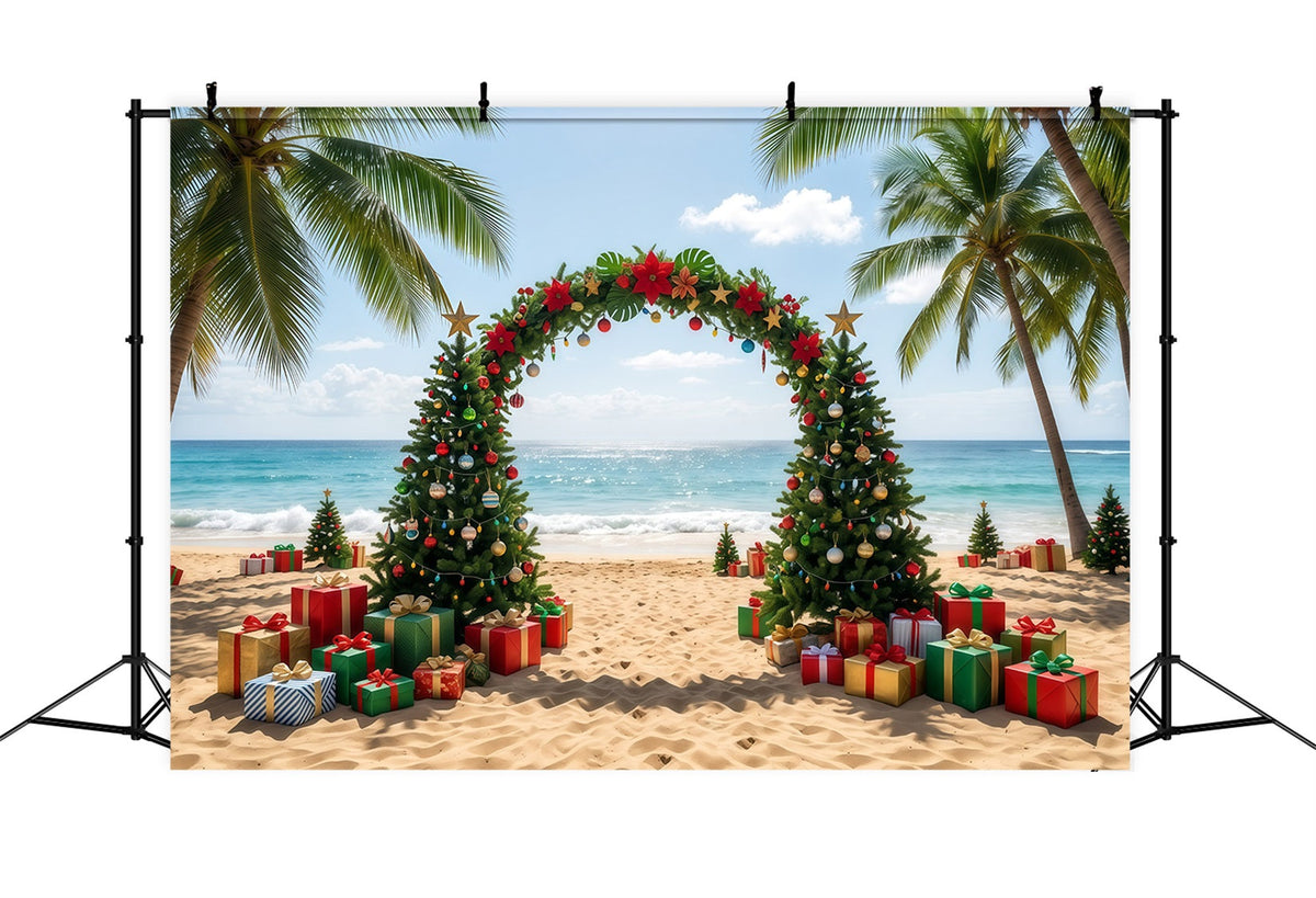Tropical Christmas Backdrop Beach Sea Tree Arch Christmas Present Backdrop UK RR610-35