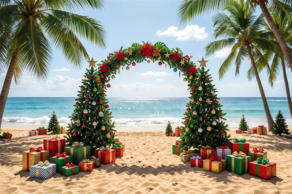 Tropical Christmas Backdrop Beach Sea Tree Arch Christmas Present Backdrop UK RR610-35