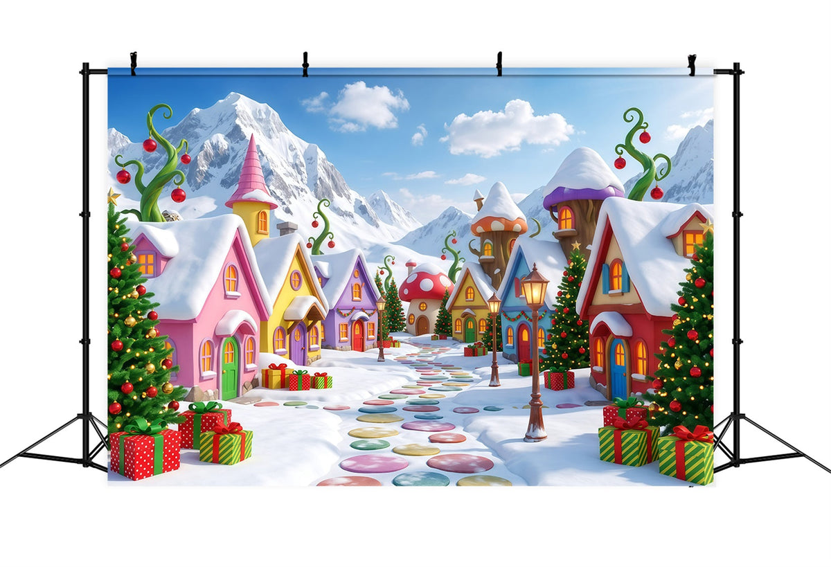 Mountain Backdrop For Christmas Village Snowy Candy House Xmas Backdrops Photography UK RR610-37