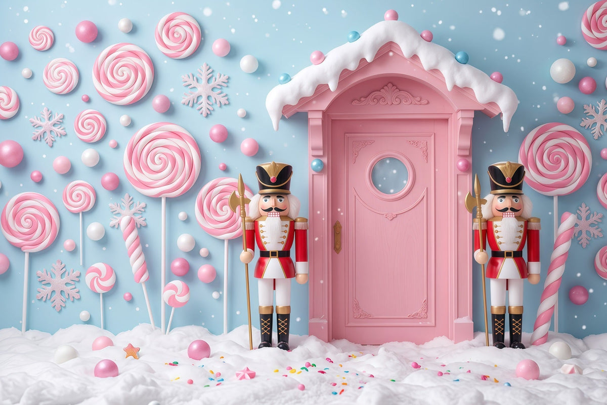 Land Of Sweets Nutcracker Backdrop Pink Candy Door Snow The Nutcracker Backdrop UK RR610-38