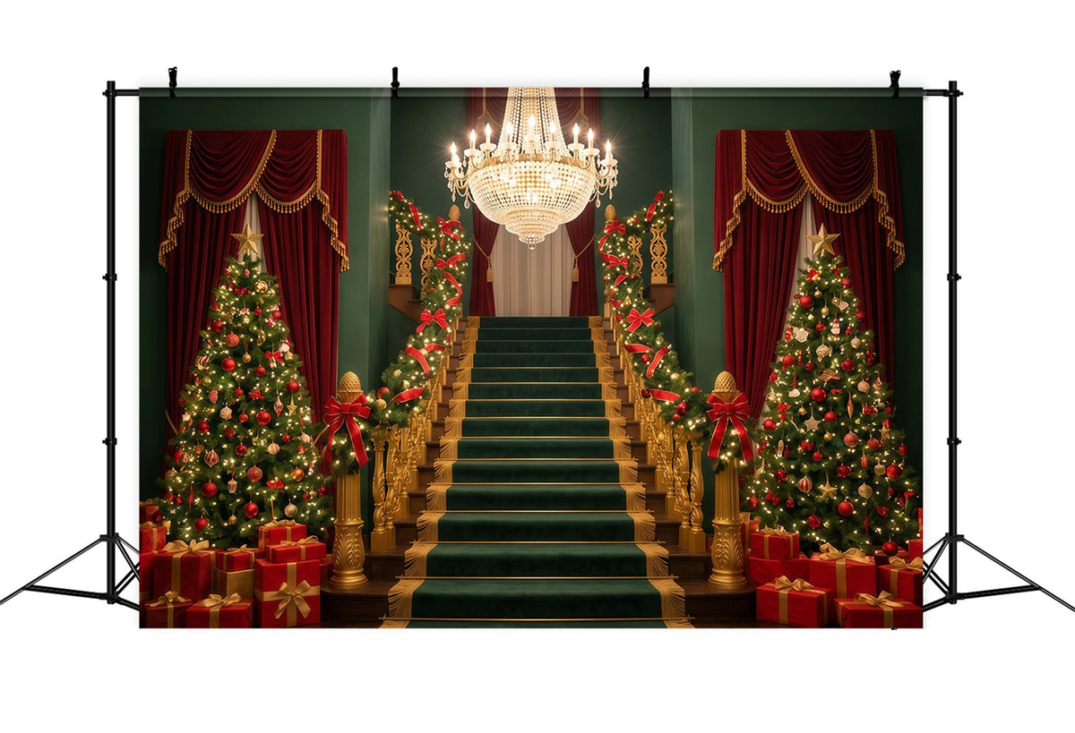 Christmas Staircase Backdrop Grand Chandelier Hall Backdrops For Santa Pictures UK RR610-40