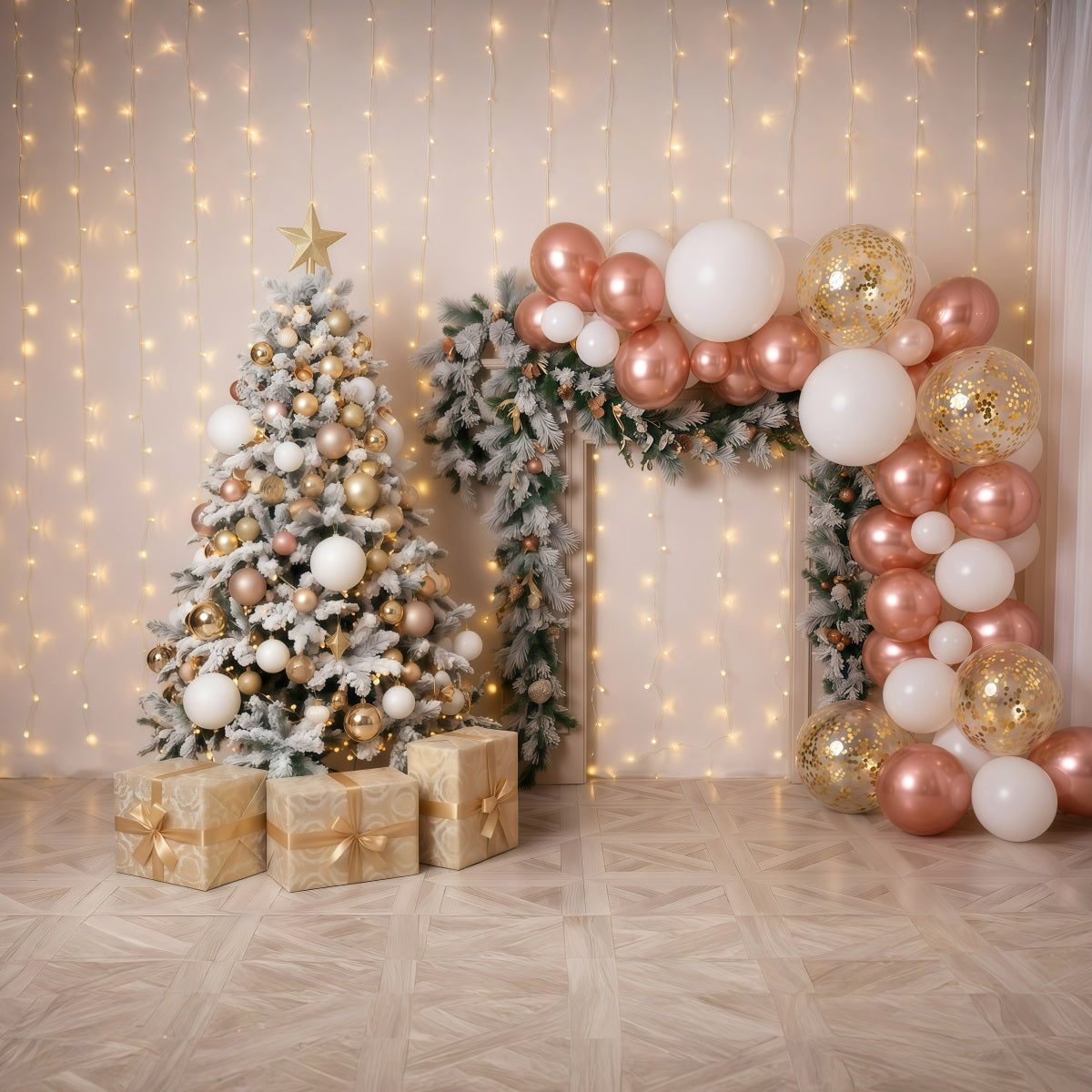 Christmas Balloon Backdrop Rose Gold Balloon Display Retro Christmas Backdrop UK RR610-44