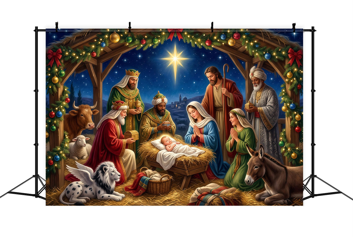 Christmas Backdrop Church Starry Nativity Manger Gathering Nativity Scene Backdrops UK RR610-45