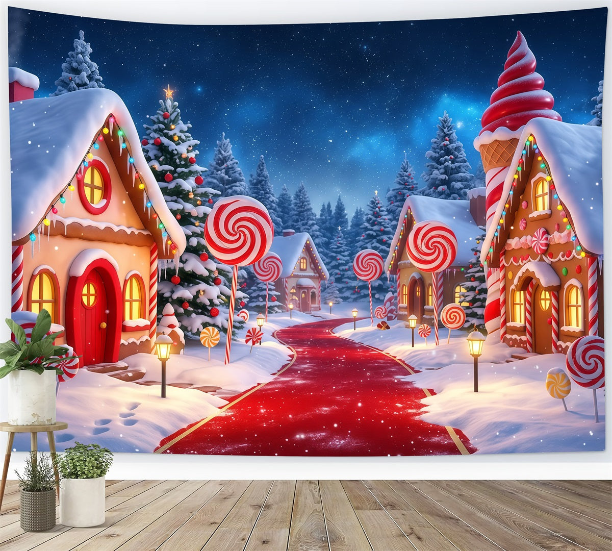 Country Christmas Backdrop Candy Village Snowy Path Christmas Photos Backdrop UK RR610-47