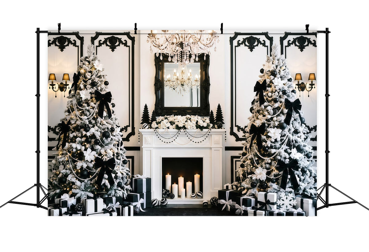 Black And White Christmas Backdrop Elegant Fireplace Tree Purple Christmas Backdrop UK RR610-49