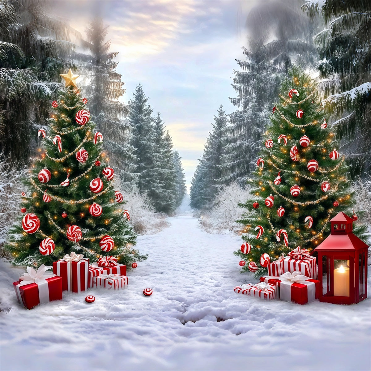 Classic Christmas Backdrop Candy Cane Forest Path Xmas Backdrop For Photos UK RR610-50