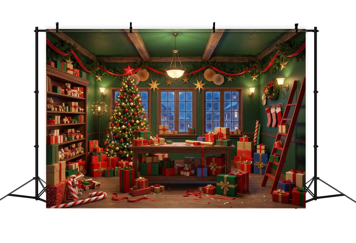 Santa Backdrop Festive Green Gift Workshop Christmas Backdrop UK RR610-52