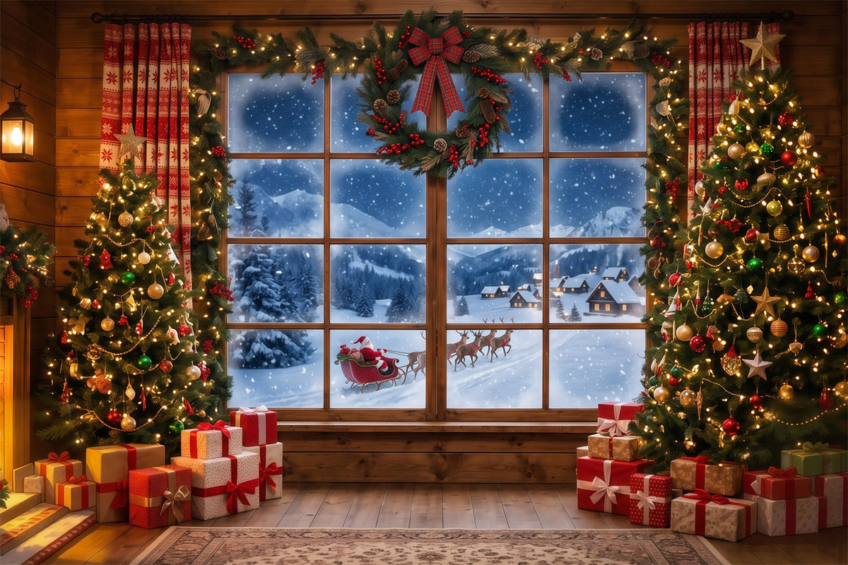 Santa Backdrop Snowy Window Forest Sleigh Christmas Backdrops UK RR610-53