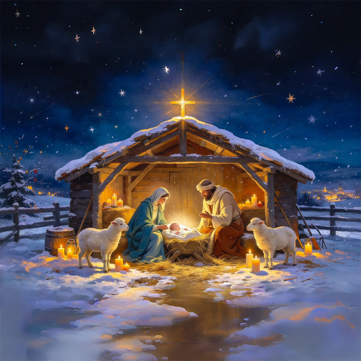 Nativity Scene Backdrop Starry Night Stable Gathering Christmas Photo Backdrops UK RR610-54